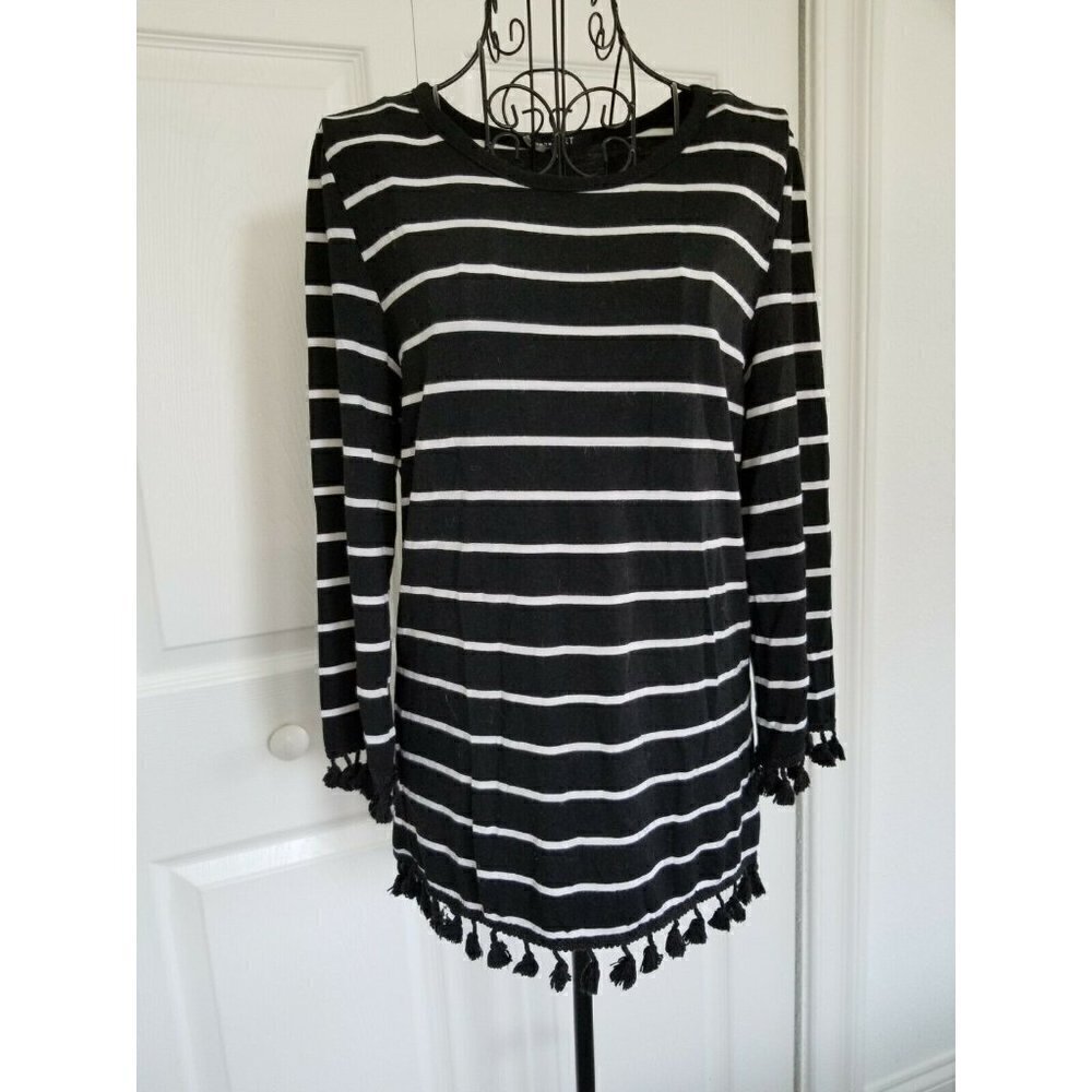 Lemon Tart Black & White Striped Top Tassel Hems Long Sleeves Women's Size Small